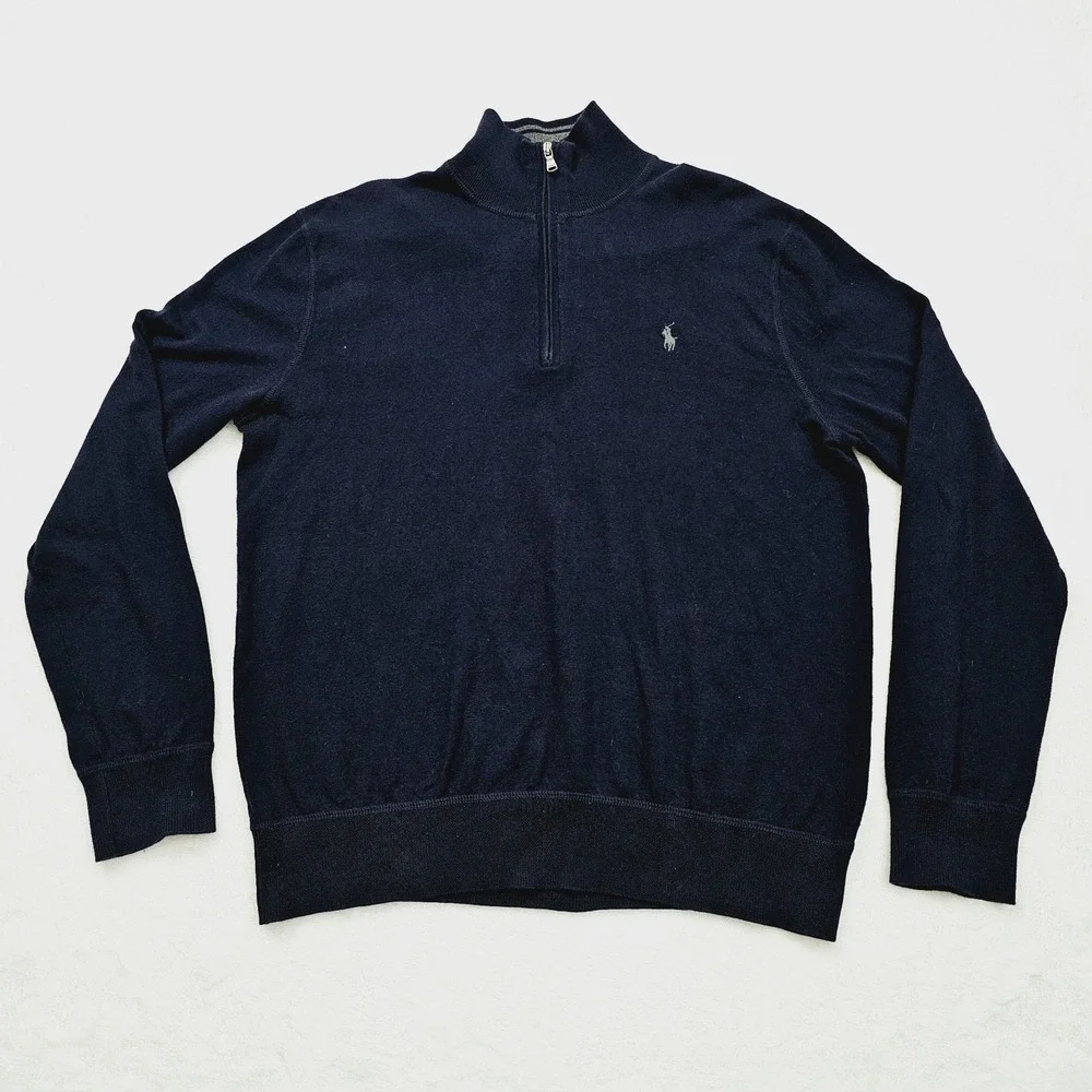Polo Ralph Lauren Sweater Mens Medium Blue Navy‎ Quarter Zip Mock Neck Pony Logo